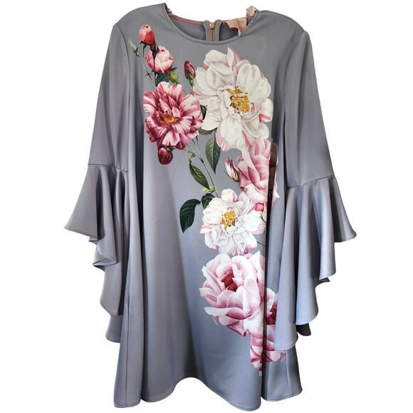 Ted Baker Sauda Iguazu Shift Dress Gray Floral Cascading Sleeves Size 3 - Picture 3 of 8